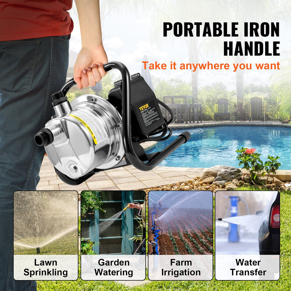 Pompe à jet d'eau de jardin portable pour puits peu profond 1,5HP 1200GPH 164 Ft Head