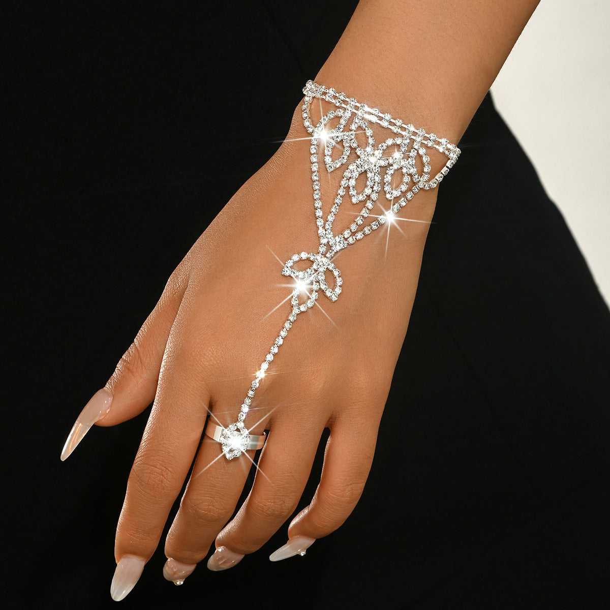 Women's Clear Cubic Zirconia Hand Chain with Attached Ring
