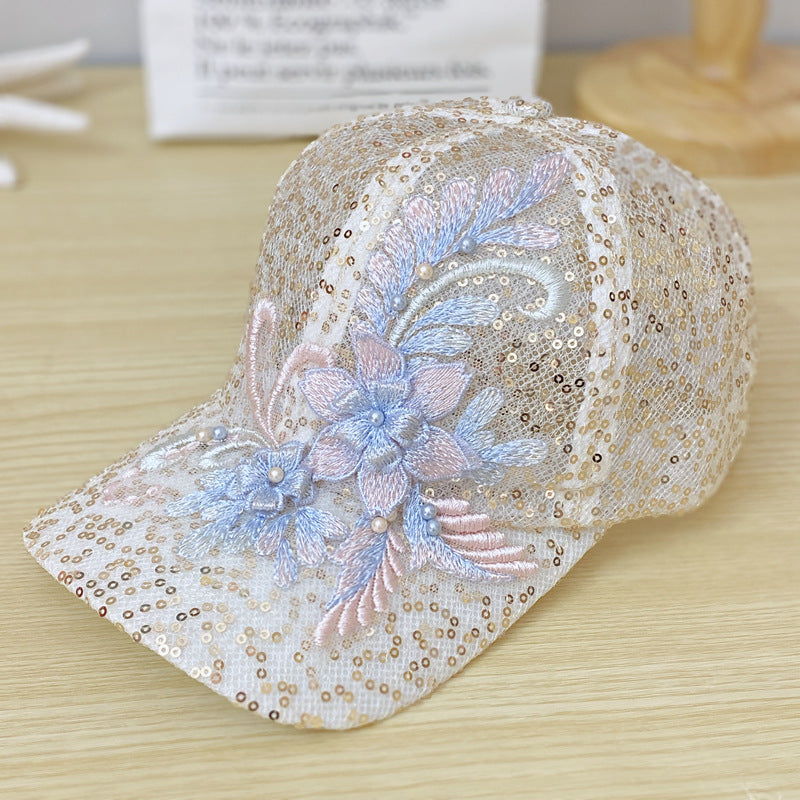 Casquette de baseball pour femmes Mesh Sequin avec décoration florale tridimensionnelle exquise