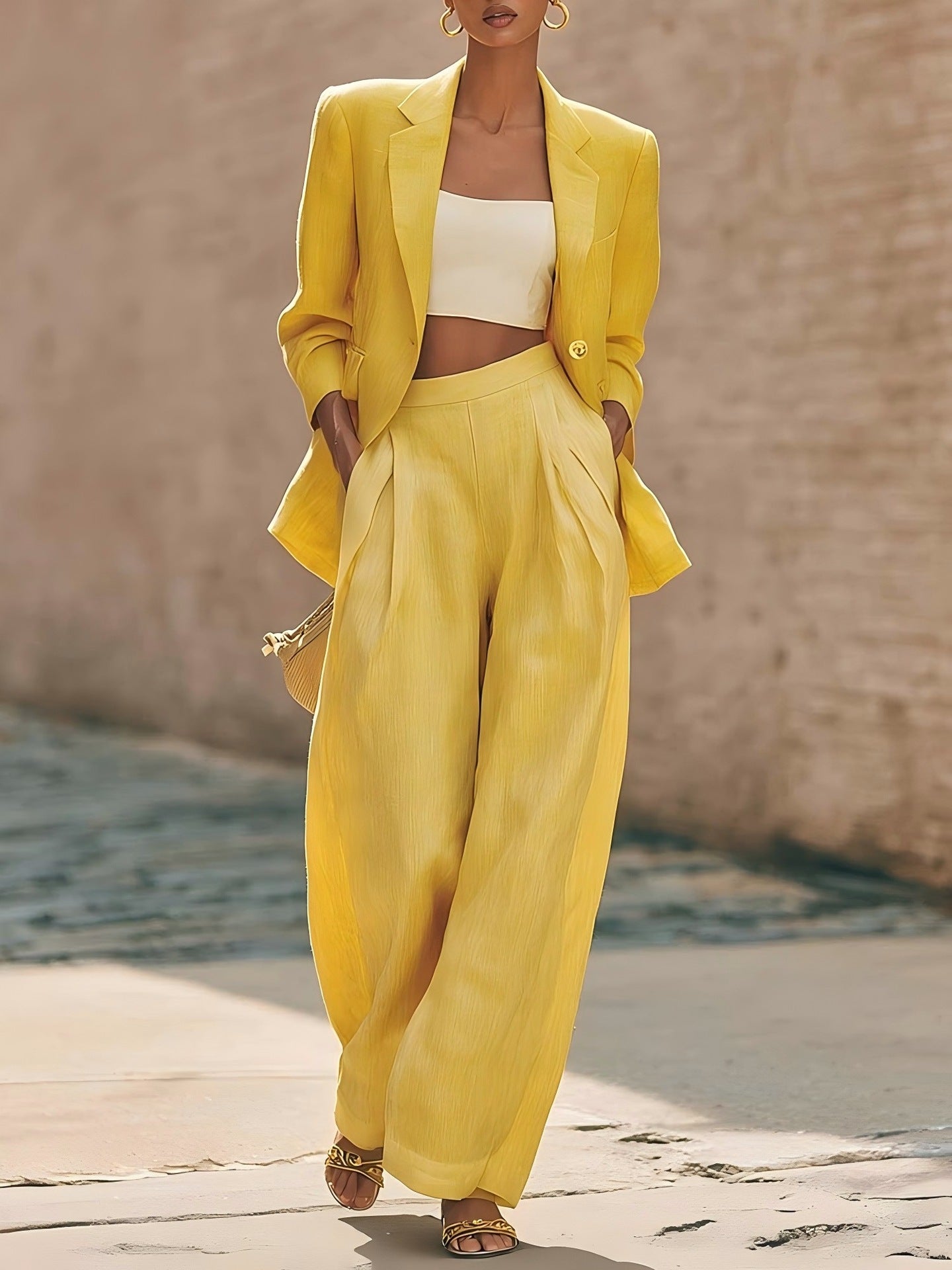 Pantalon bi-pièce pour femmes de couleur unie et pantalon à large jambe
