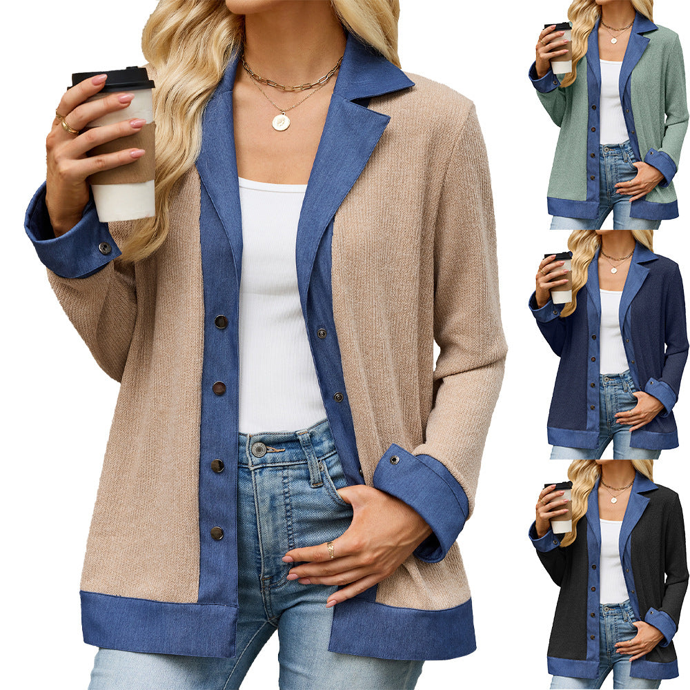 Denim Contraste couleur Lapel-bouton Loose-fit manches longues Hoodie