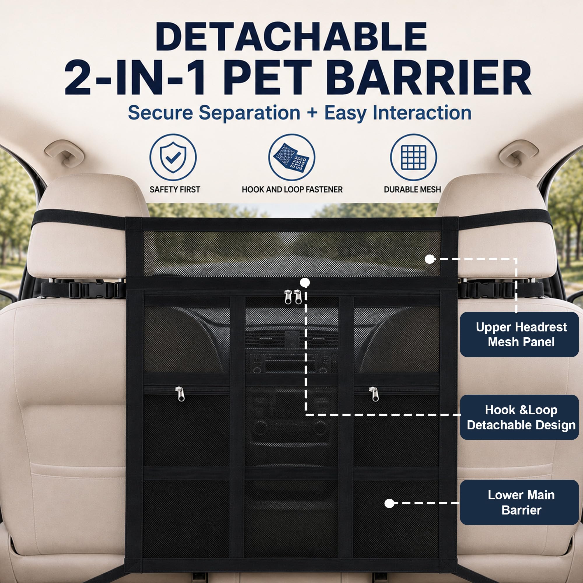 Barrière de chien de voiture avec crochet et fermeture boucle Double Zipper pour voiture VUS Respirant Mesh Barrie
