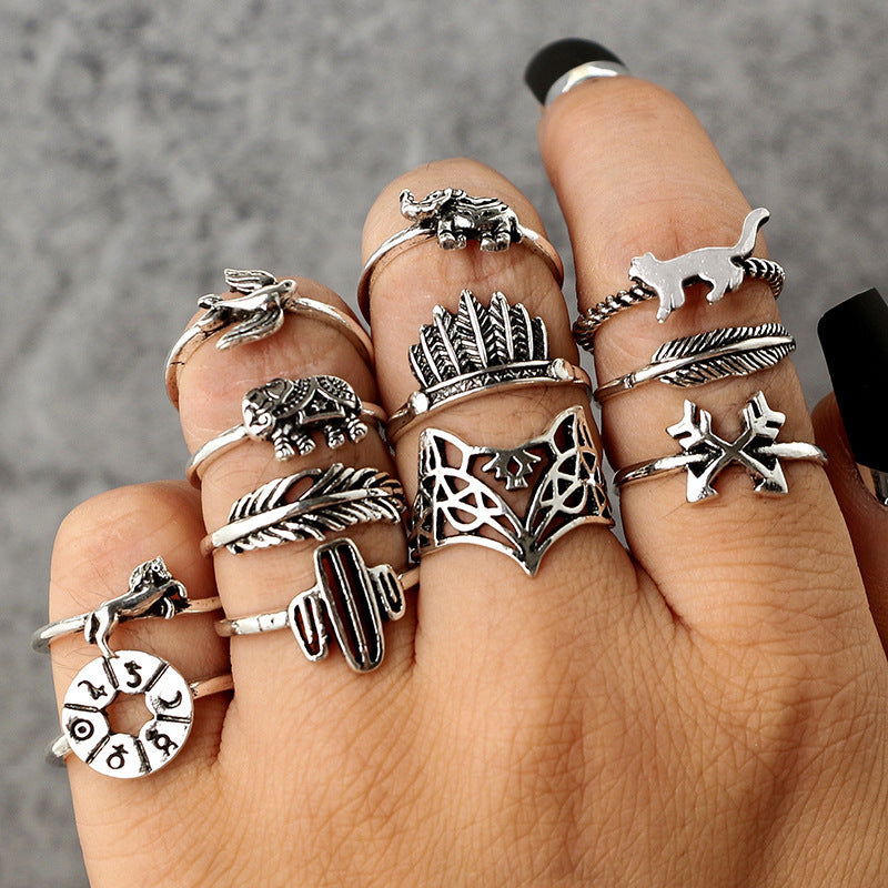 Ensemble d'alliages rétro Leaf Fox Elephant Bague 12 pièces