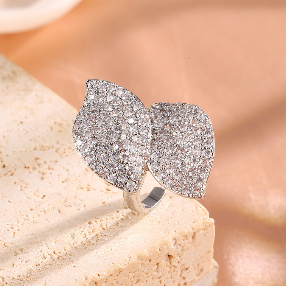 Femmes Double feuille Complet Pavé Cubic Zirconia Anneau réglable