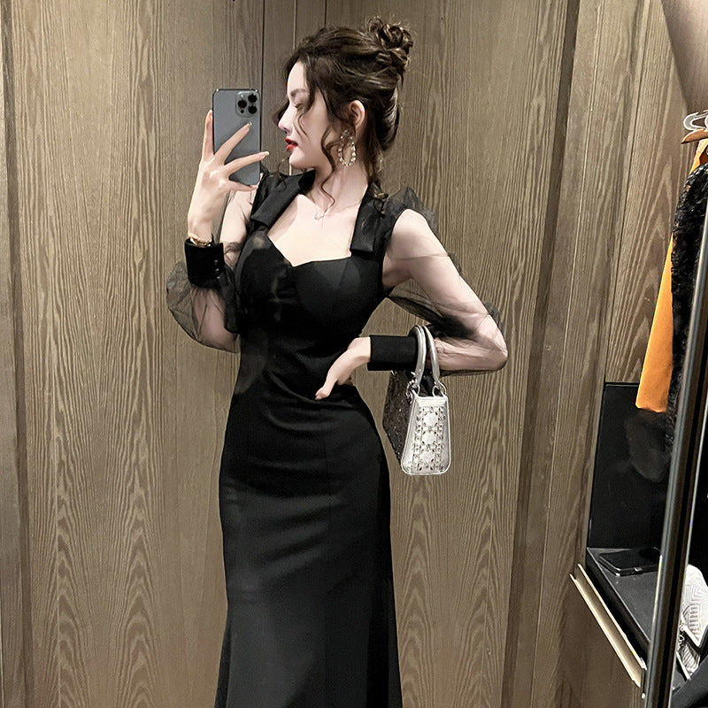 Style français Collier carré Robe longue pour femmes Hepburn Style Elégant Socialite Puff Mesh