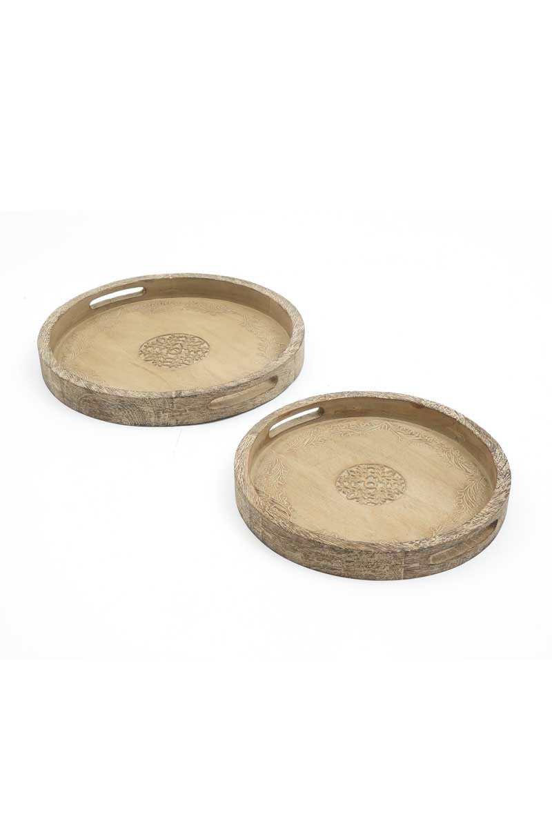 Plateau rond de service en bois de mangue - 18 design brun rustique pour l'entertaining élégant