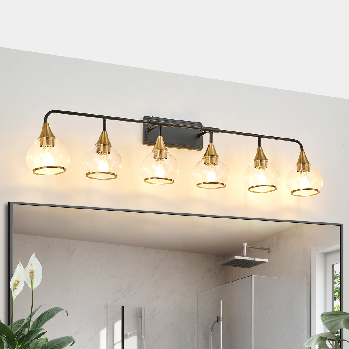 48" moderne 6 lumière Vanity Wall Sconce - Noir et or luminaire de salle de bains avec clair G