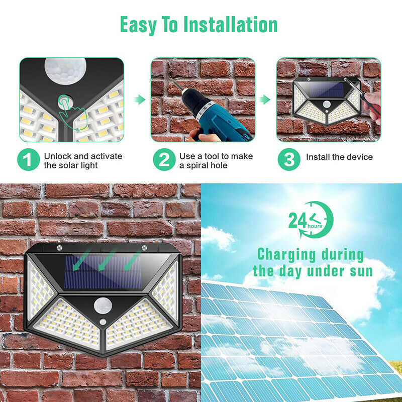 Solar Power PIR Motion Sensor Lumières murales 1o0 LED Outdoor Garden Lampe de sécurité