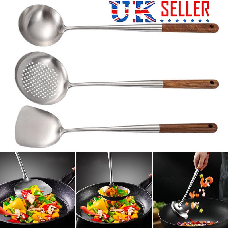 3PCS Wok Spatule & Louche Skimmer Louche Outil 17pouces en acier inoxydable Wok Spatule