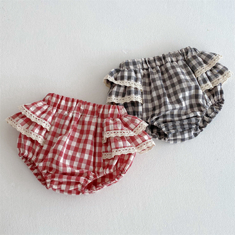 Filles Plaid Dentelle Culottes avec double couche Ruffled Trim