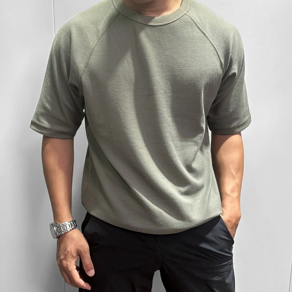 T-Shirt manches courtes Waffle Knit Raglan pour hommes Col d'équipage Lose Casual Basic Tee Respirant