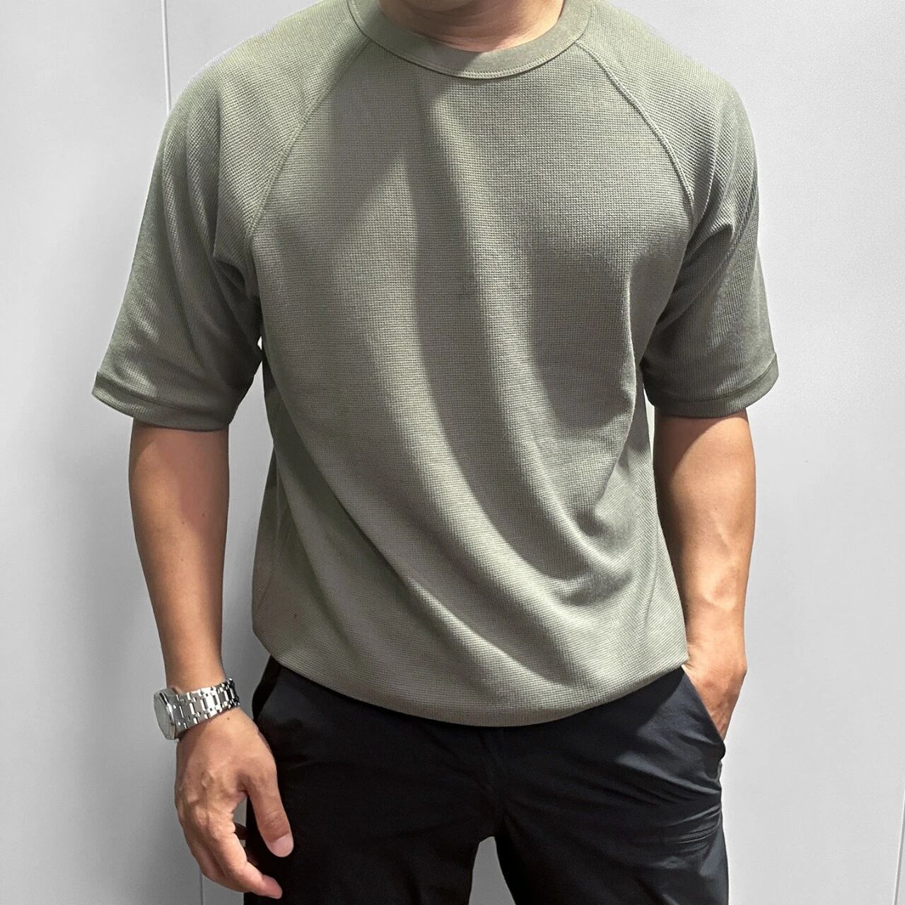 T-Shirt manches courtes Waffle Knit Raglan pour hommes Col d'équipage Lose Casual Basic Tee Respirant