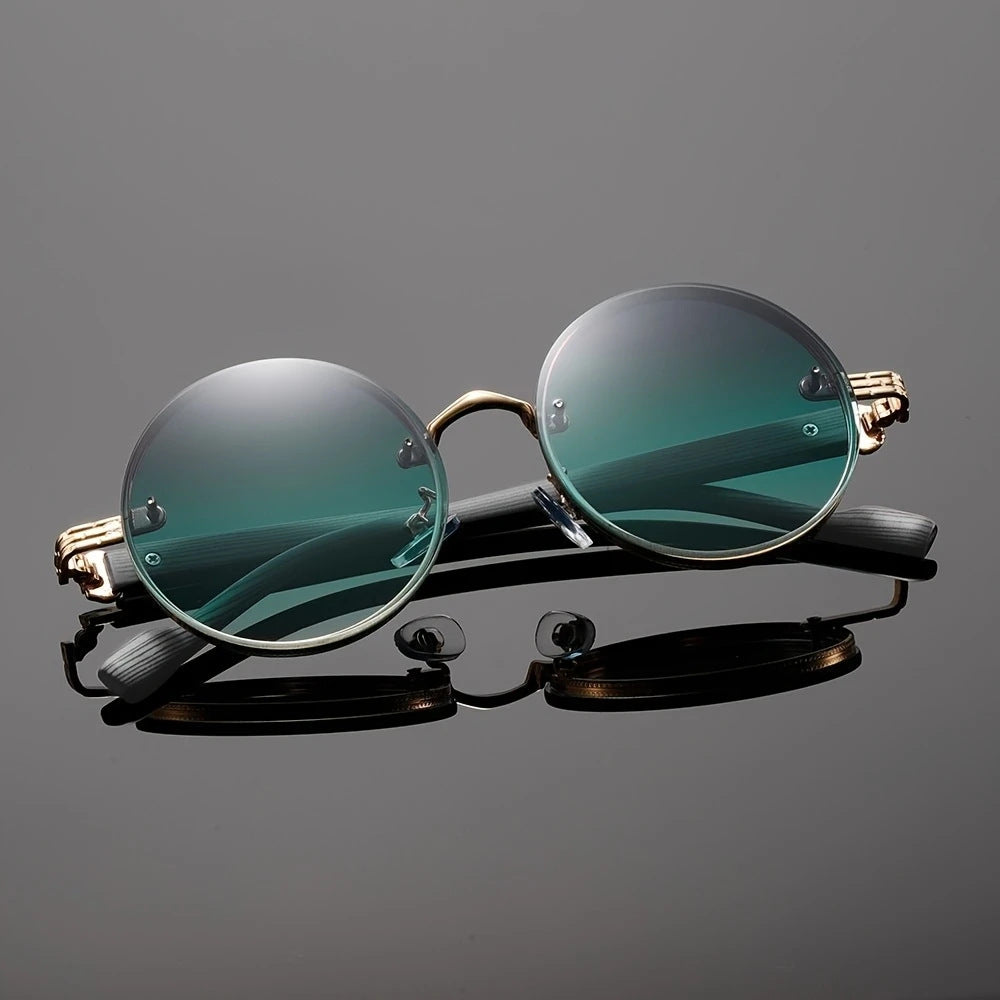Lunettes de soleil vintage à cadre rond pour femmes Style de punk en métal avec des temples en grain de bois élégant et