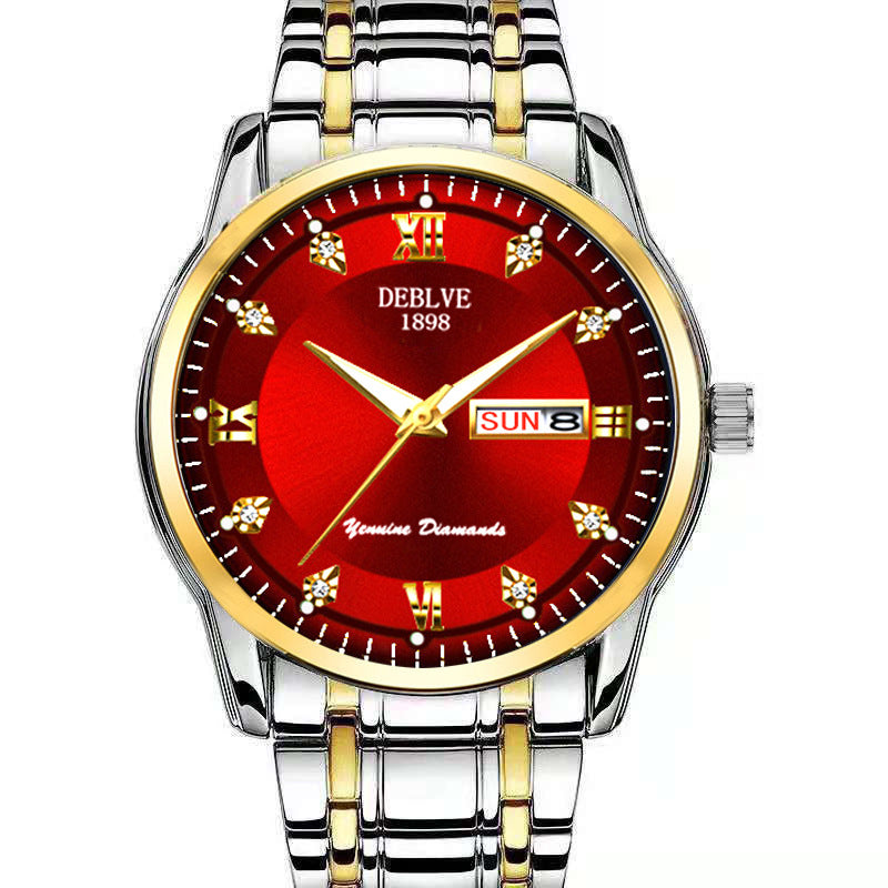 Mode Alliage Ceinture en acier imperméable Lumineux hommes double calendrier montre