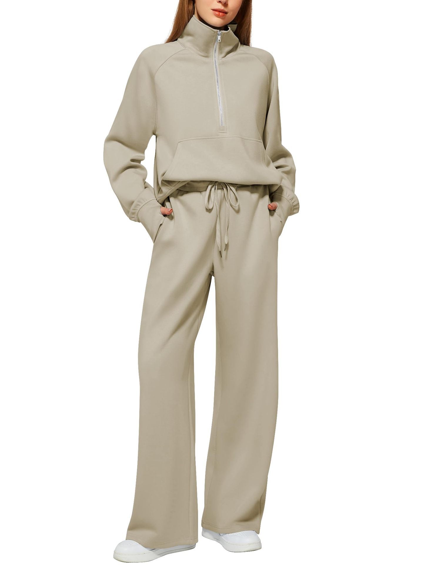 European and American Amazon Women's Two Piece Set Sweatshirt surdimensionné demi-zip Wide-Leg