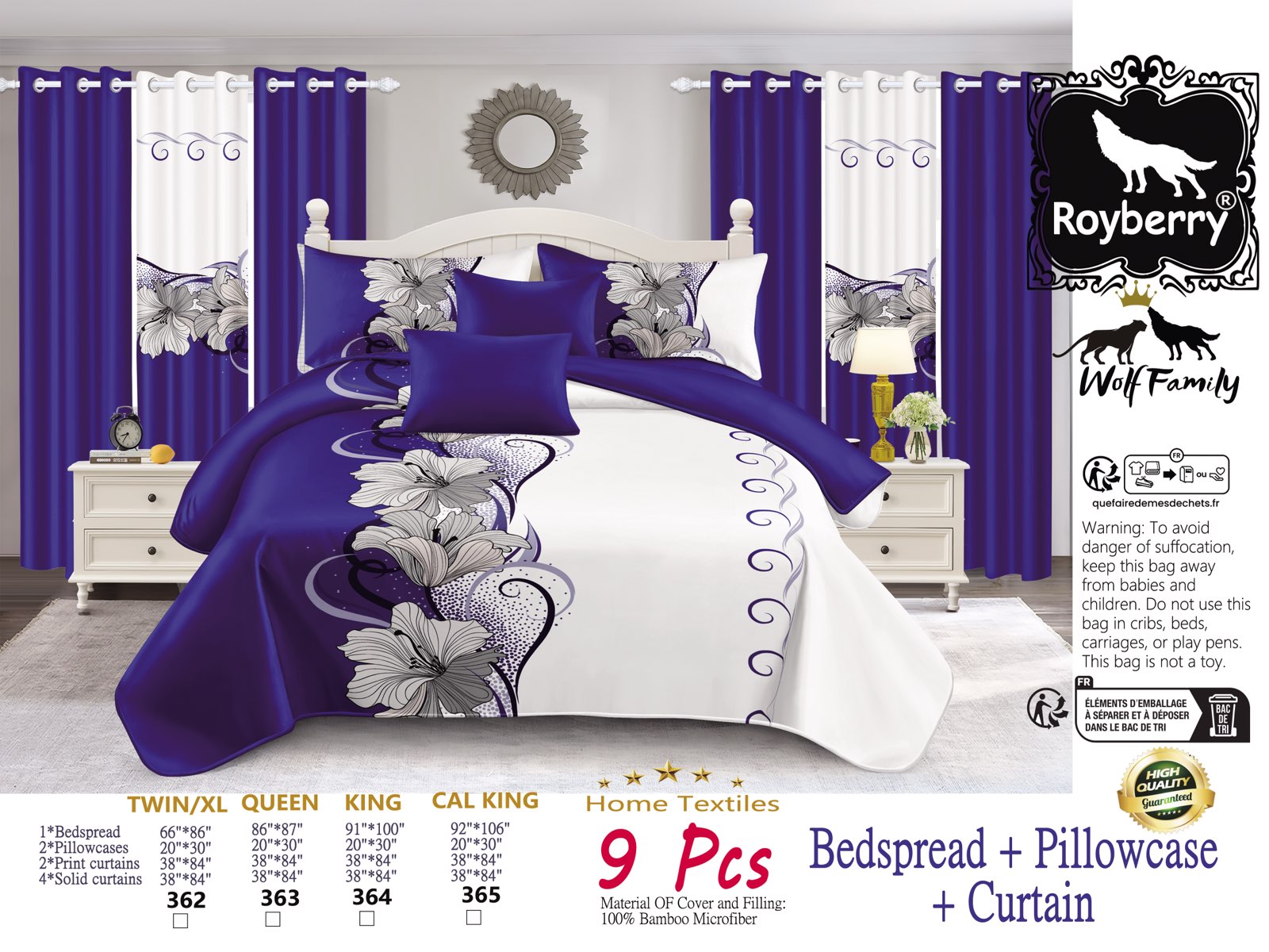 9-Piece bleu et blanc lotus couvre-lit et rideau pour roi