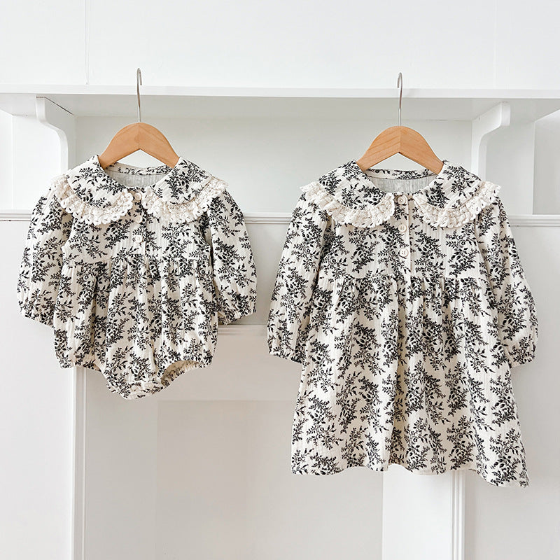 Bébé Floral Romper Robe à manches longues Ensemble sœur