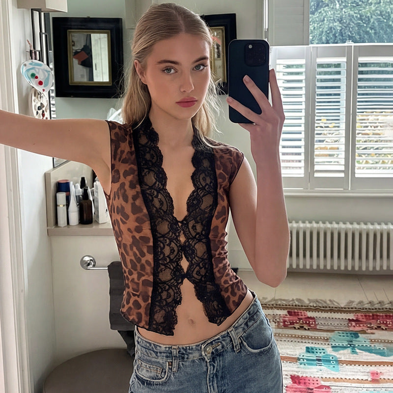 T-shirt de Cardigan en dentelle imprimée mode pour femmes