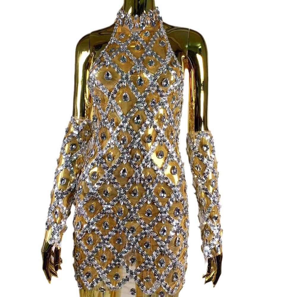 Robe ultra-courte pour femmes haut de gamme en Strass Plaid pailleté Gants