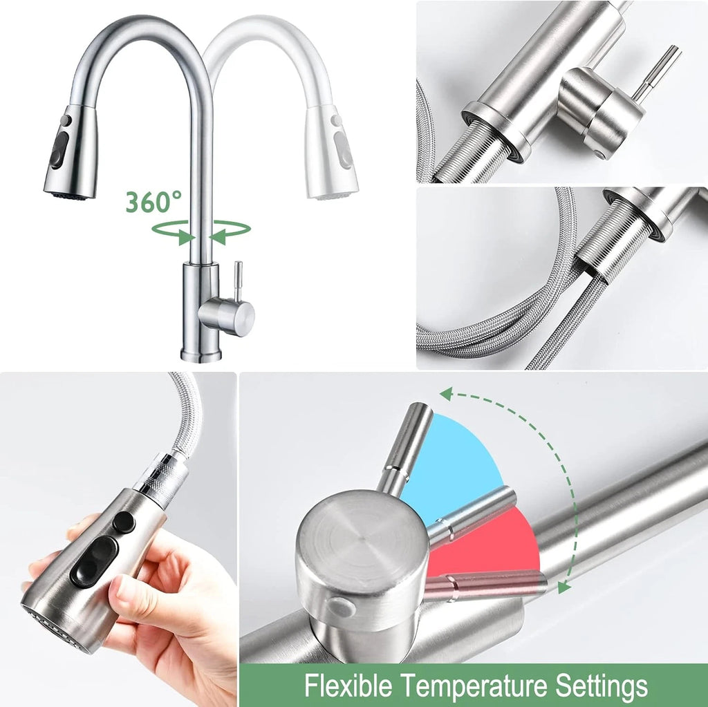 360 Robinets de mélangeur d'évier de cuisine tirer Spout Spray à levier unique moderne Mono Tap