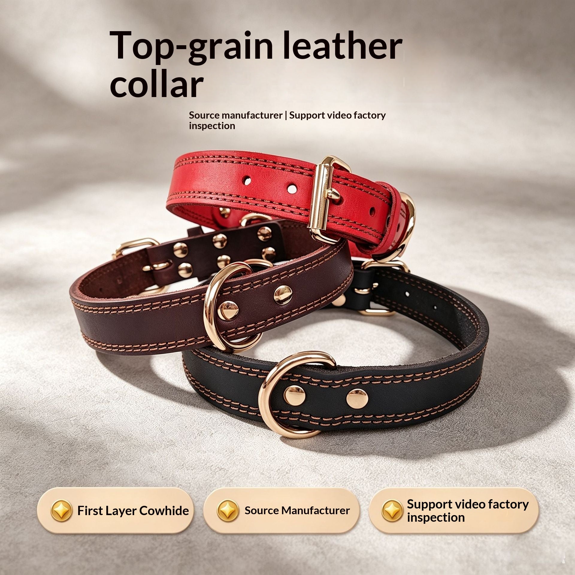 Collier en cuir plein grain avec double boucle D