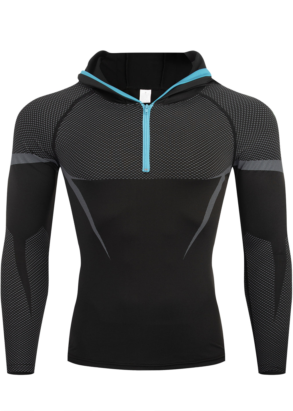 Hommes demi-zip Compression à capuche manches longues Chemise Noir Rouge Couleur Bloc Mesh Spliqued Quick