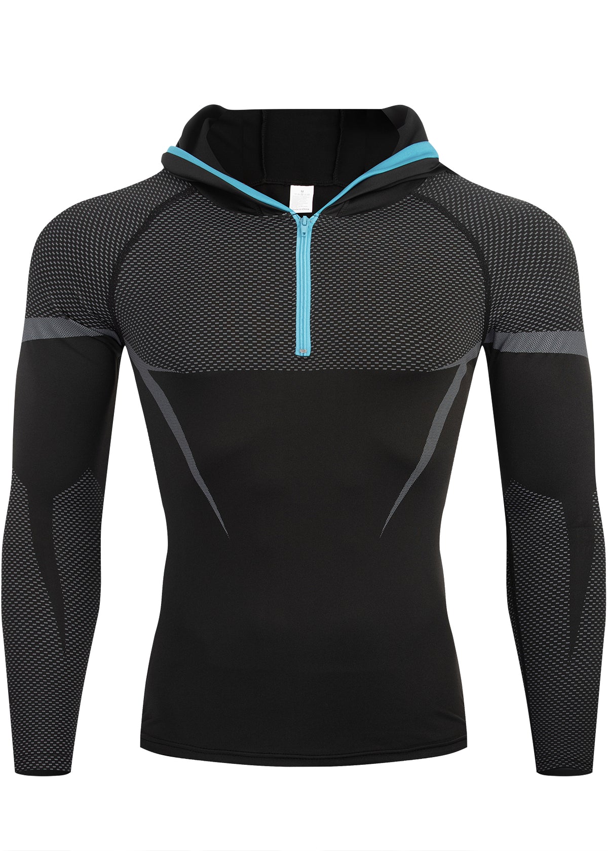 Hommes demi-zip Compression à capuche manches longues Chemise Noir Rouge Couleur Bloc Mesh Spliqued Quick