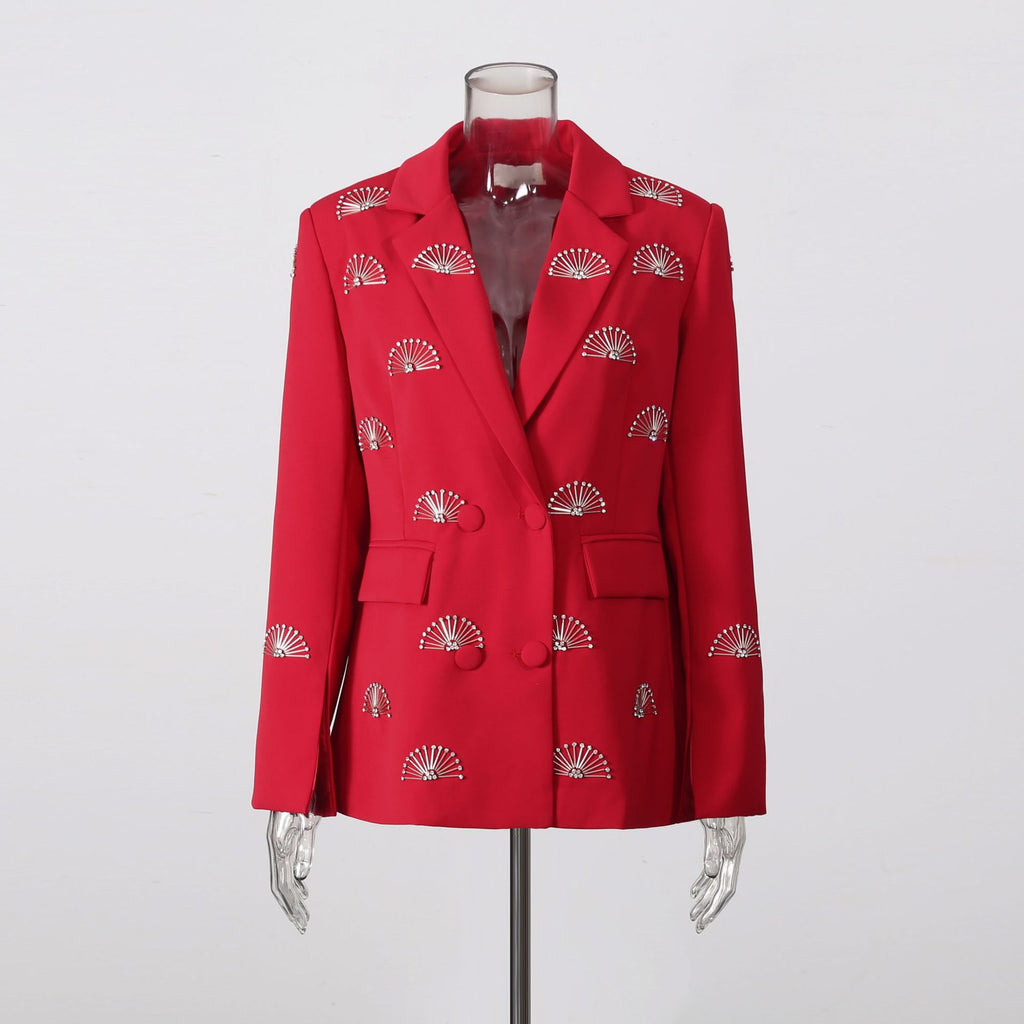Eventail en Strass Motif Double Breasted Lapel Tailored Blazer Veste