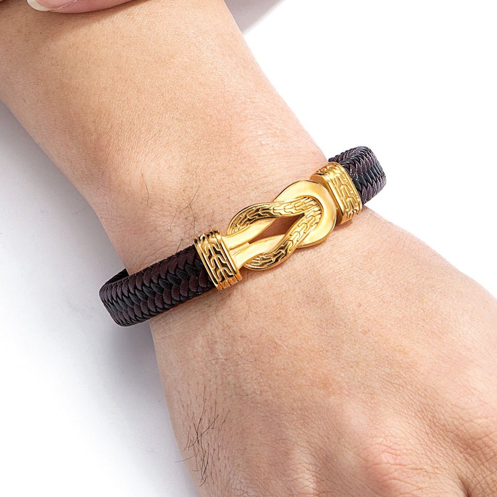 Bracelet en cuir tissé de café noir avec fermoir magnétique or et acier