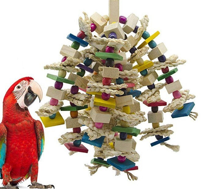 Perroquets Gnaw sur des jouets en maïs et bois