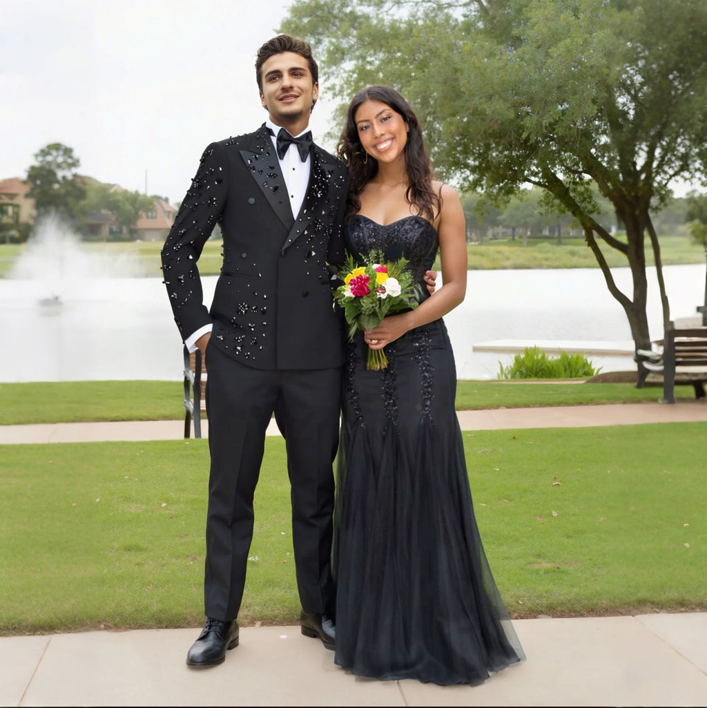 Hommes Black Satin Peak Lapel Strass & 3D Floral Embellished Double Breasted Tuxedo Deux-P