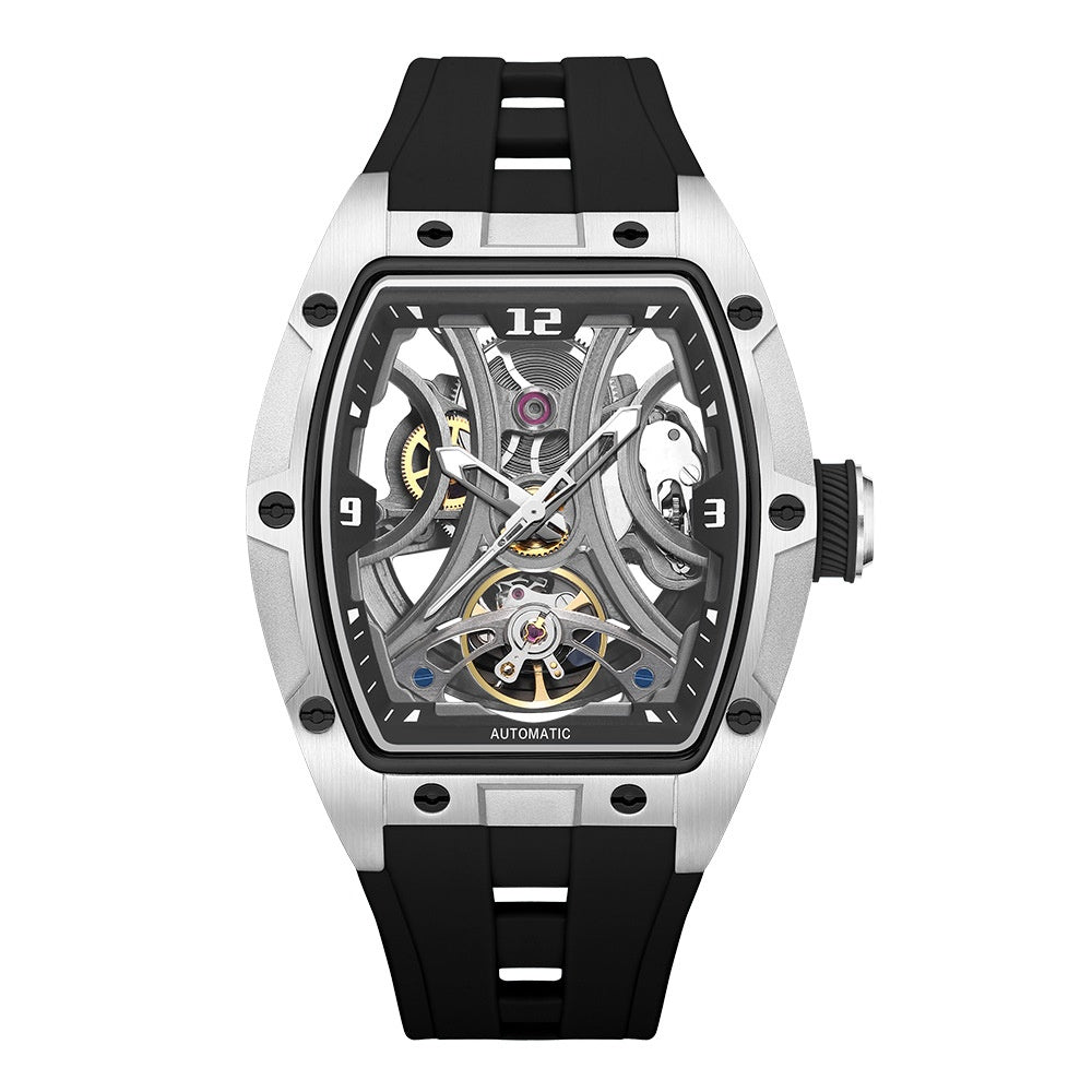 Montre en forme de barrique avec un boîtier en acier Mouvement automatique à squelette complet
