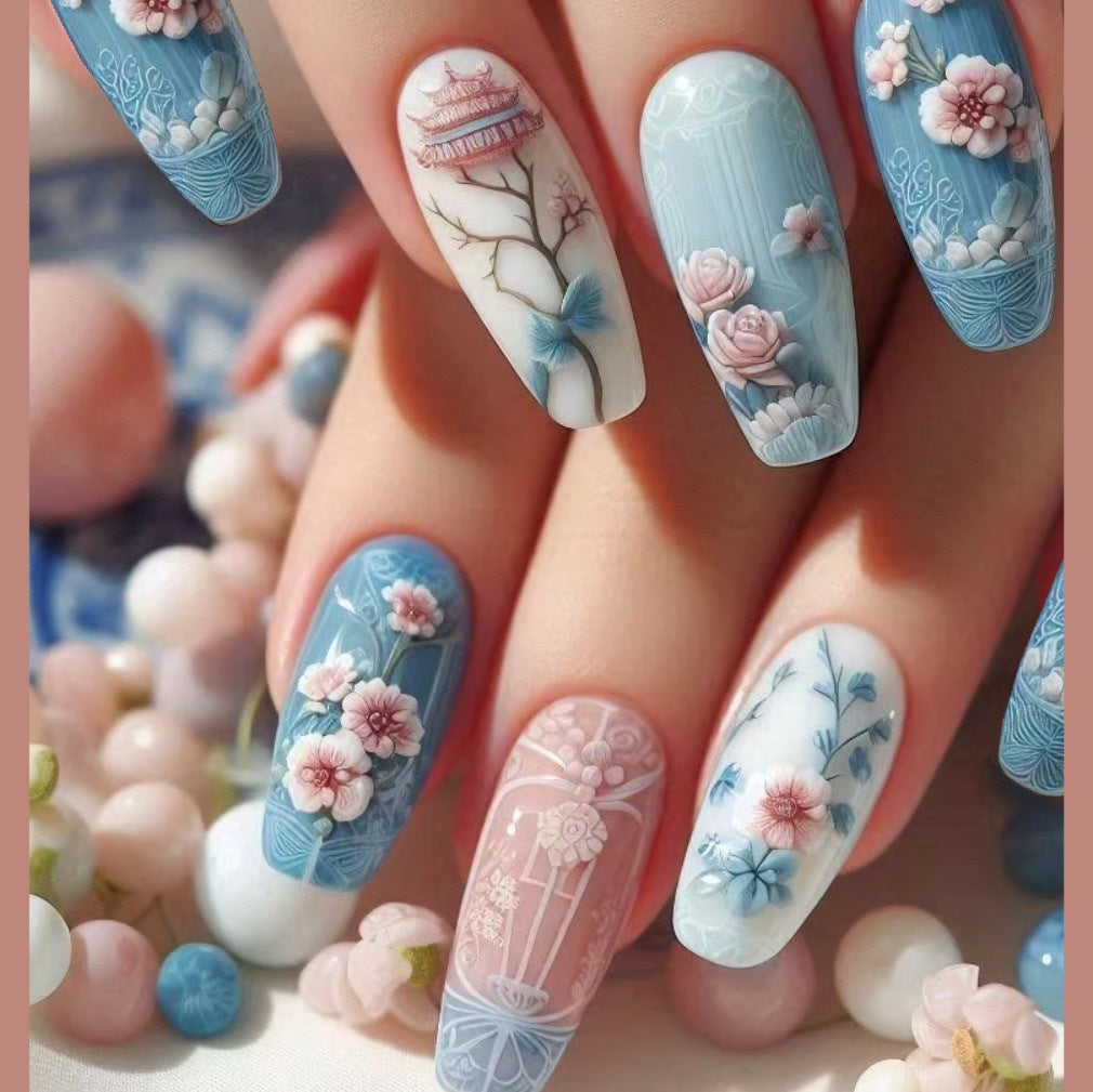 Guofeng Begonia Fausse fleur T courte Tempérament froid Blanc 24 pièces Porter des ongles Piec Polonais