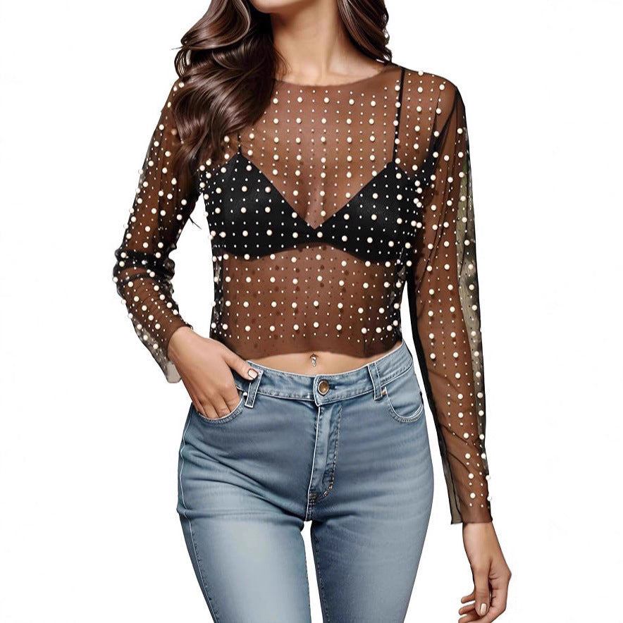 Bubble-bead Sheer Mesh Haut à manches longues