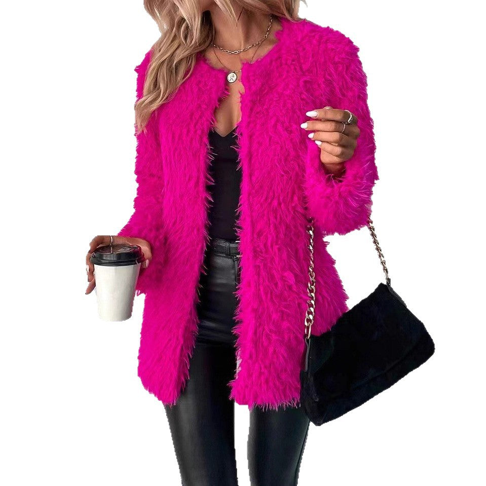 Cardigan rouge d'automne Coat fluffy couleur solide