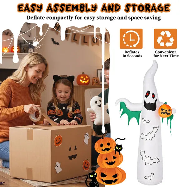 Decor gonflable Halloween 12ft avec des chauves-souris clignotantes et des fantômes blancs