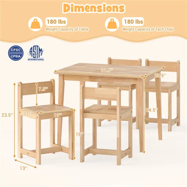 Table et chaises en bois pour enfants (1 table + 4 chaises)