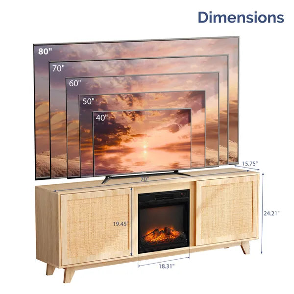 70' Chêne finition à faible profil Cheminée TV Stand avec 2 portes et avant de rotin pour 18' Insert