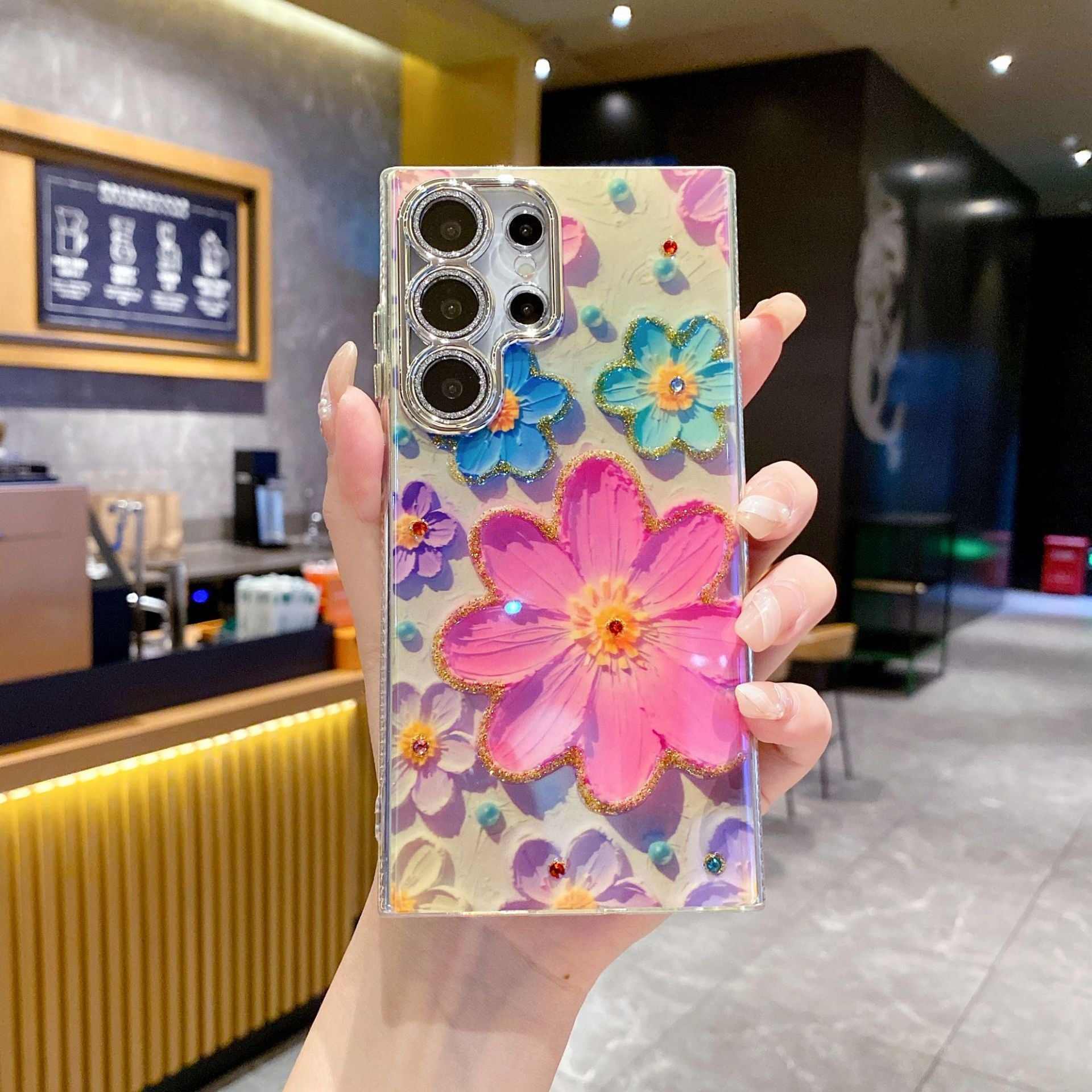 Peinture à l'huile de strass de luxe Flower Phone Case Lens Fine Hole Tout Inclus