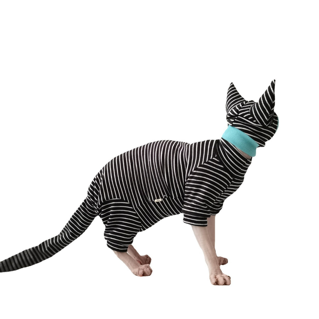 Sphynx Chat Pyjamas rayé Quatre vêtements à pattes avec queue et chapeau