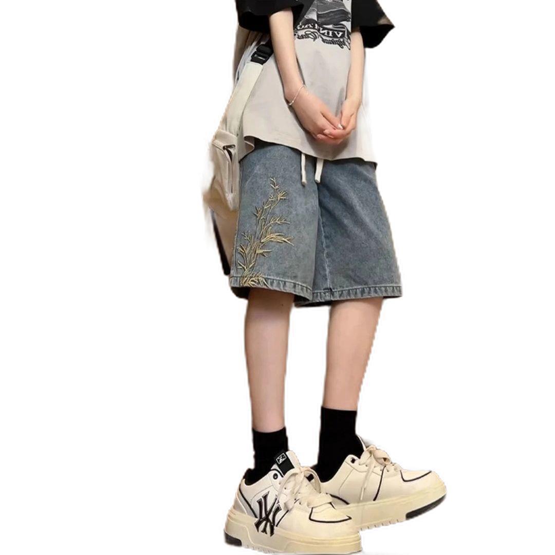 Short en denim brodé homme Large-leg Longueur de cinq points