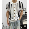T-shirt de style préppy à rayures à col laque pour hommes