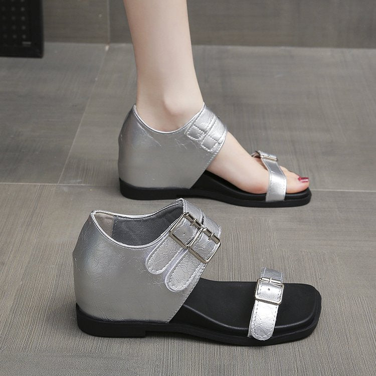 Bottes de sandales pour femmes à talons de haies ouvertes carrées à boucle unique rétro