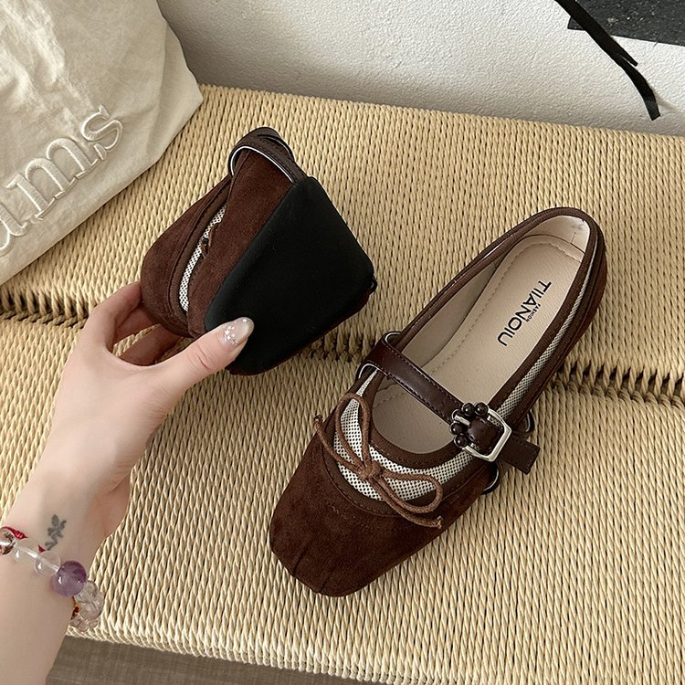Argent Bow Mary Jane Appartements Femmes Vintage Couleur Bloc Carré Toe Ballet Chaussures plates