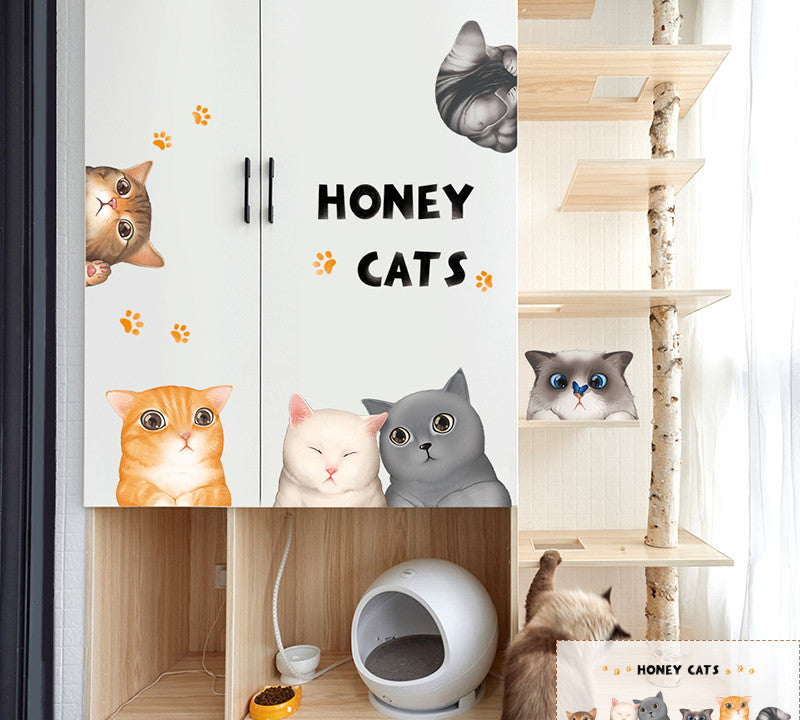 Stickers Armoire Cat Cartoon Stickers Décoration de chambre Créative Stickers Mur Litter Cat