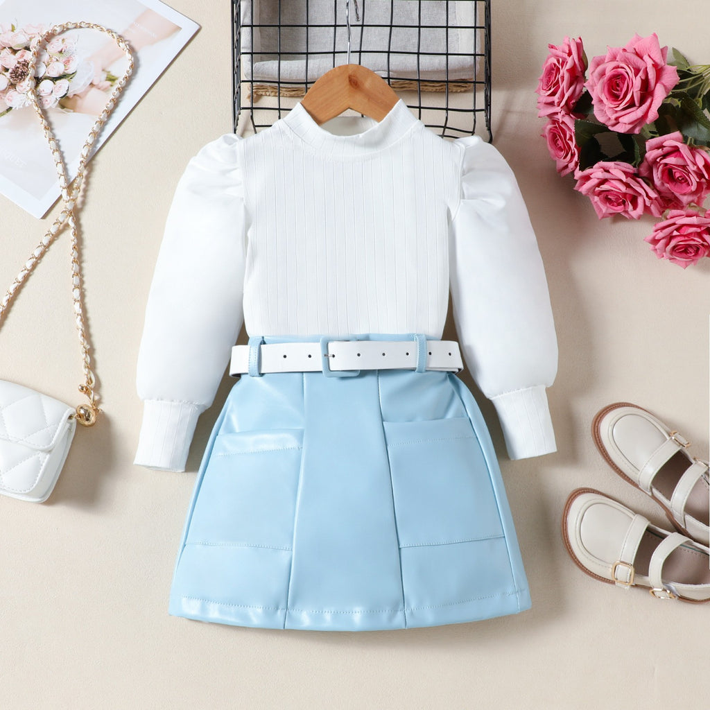 Petites filles Puff-Sleeve Top Solid-Color PU jupe et ceinture