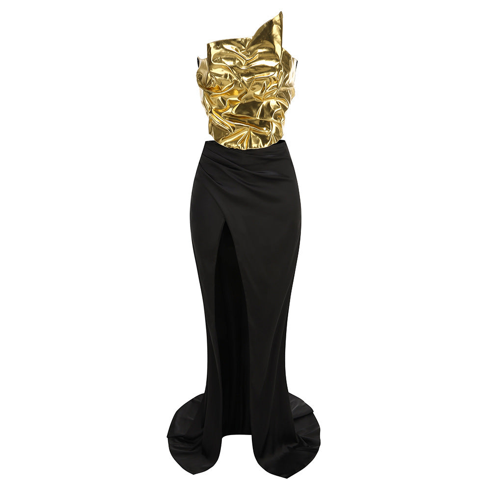 Une épaule en cuir Top Slit Mop Robe noire Deux-pièces Set Sexy Laçage Arrière léger