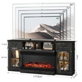 70 pouces Black Gold Oak Électrique Cheminée TV Stand - 2 portes en verre treillis