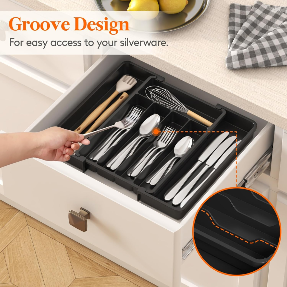 Argenterie extensible Organisateur Plateau d'Utensile en plastique pour tiroir de cuisine BPA Flatware gratuit