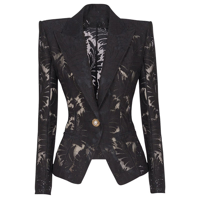 Veste de blazer broyée à simple bouton Sheer Leaf Jacquard